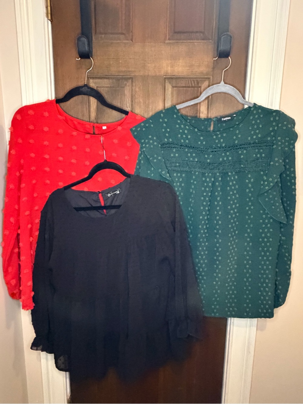 Lot of 3 Swiss Dot Blouses Medium Large Black Green Red Romantic Ruffle Tops